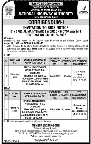 National Highway Authority Peshawar Tender Notice